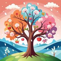 illustration of a tree with apples and flowers vector