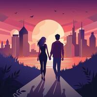 a couple walking hand in hand in front of a city skyline vector