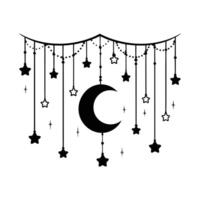a black and white illustration of a moon and stars hanging from a string vector