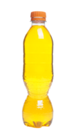 Yellow colored water in plastic bottle with orange bottle cap isolated on transparent background png