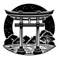japanese tori gate in the night with moon and trees vector