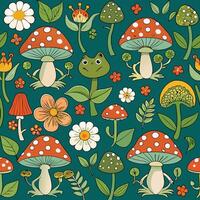 mushrooms and flowers in a pattern vector