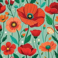 seamless pattern with red poppies and green leaves vector