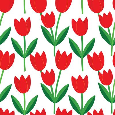 a pattern with red tulips on a white background