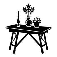 a black and white illustration of a table with a vase and a plant vector