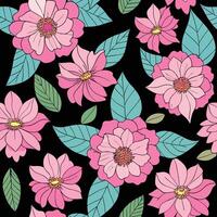 seamless pattern with pink flowers and leaves on black background vector