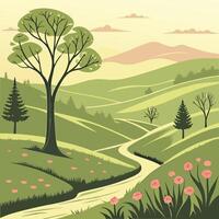 illustration of a landscape with a river and trees vector