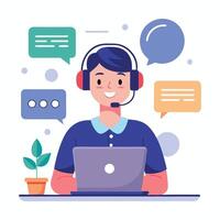 call center operator with headset and laptop on desk vector