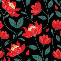 a pattern with red flowers and leaves on a black background vector