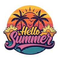 hello summer logo with palm trees and sunset vector