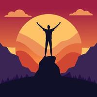 silhouette of a man standing on top of a mountain with his arms raised vector