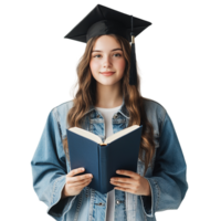 Smiling Young Female College Student with Square Academic Cap and Book on the Transparent Background png