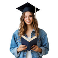 Smiling Young Female College Student with Square Academic Cap and Book at Transparent Background png