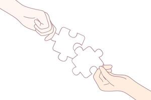 Hands Connecting Puzzle Pieces Symbolizing Collaboration and Unity Among Diverse Groups vector