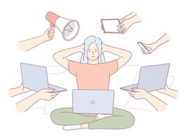 Feeling overwhelmed by various digital distractions and the challenges of multitasking in life vector