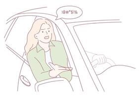 A woman is engaging in a lively conversation with someone outside from a car window vector