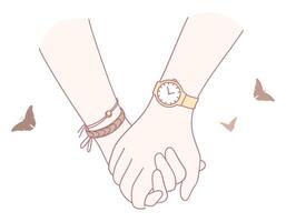 Two Hands Gently Holding Each Other with Beautiful Butterflies in Soft and Delicate Colors vector