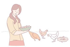 Experience the delightful process of harvesting fresh eggs laid by happy chickens on a farm vector