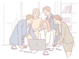 A team collaborates effectively over a laptop in a modern office, enhancing synergy vector