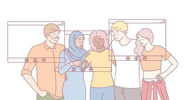 A diverse and energetic group of friends is happily engaging with various technologies vector