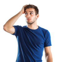 Pensive Young Man Scratching Head, Deep in Thought, Trying to Find Solution Isolated on Transparent Background png