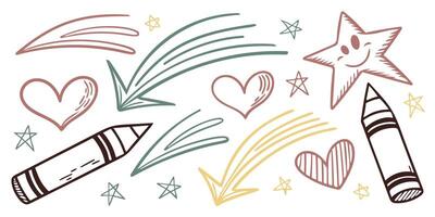 Hand-drawn hearts, colorful swirls, and funky doodles of stars and arrows create an artistic playground for imaginative kids vector