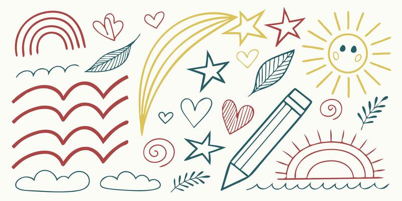 Creative Sketch Icons with Stars, Hearts, and Rainbows