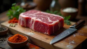 Raw Ribeye Steak with Herbs and Spices on Wooden Board photo