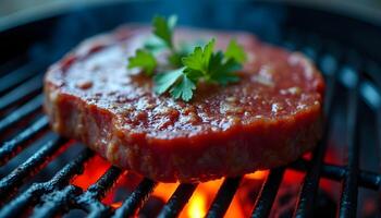 Rib-eye steaks cooking on flaming grill. Smoke rises from hot coals. Rosemary sprigs visible. Close-up view of cooking process. photo