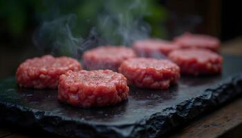 Raw ground beef patties for grilling with salt and rosemary photo