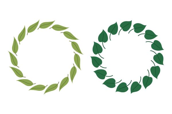Set foliage frames. Round frame for invitation, card, cover, birthday, baby shower. Green leaves. Space for text.