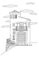 Coloring page of house On a high cliff mountain with a fence. Coloring page for children vector