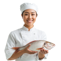 Smiling Female Chef with Fish Isolated on Transparent Background png