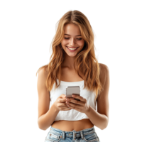Cheerful Woman Smiling While Using Smartphone Isolated on Transparent Background png