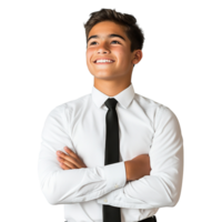 souriant haute école garçon portant une attacher et à la recherche en haut isolé sur transparent Contexte png
