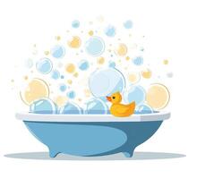 Rubber Duck in Bathtub with Soap Bubbles, Baby Shower vector