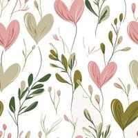 Seamless floral pattern with heart-shaped leaves and delicate botanical elements, romantic spring design vector