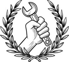 Hand holding wrench symbolizes empowerment and skill in mechanical work with laurel wreath in design vector