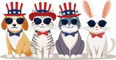 Pets celebrate national holiday with festive hats and sunglasses in a cheerful group setting vector