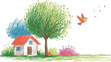 Print Charming colorful drawing of a house in a vibrant landscape with trees and a bird flying overhead vector