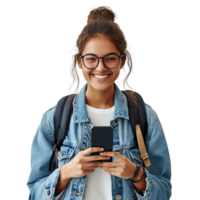 Smiling Young Female College Student Holding Smartphone Isolated on the Transparent Background png