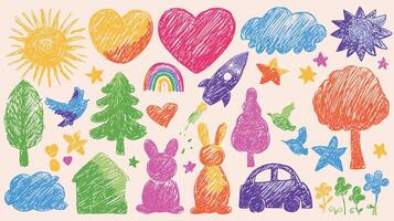 Print Colorful Doodle Set with Nature Elements and Animals vector