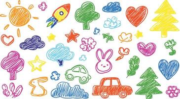 Print Colorful Doodle Set with Rocket, Bunnies, Trees and Hearts vector