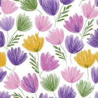 Print Colorful floral pattern design featuring various flowers and greenery on a white background vector