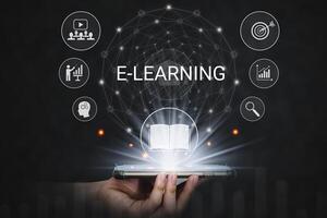 E-learning online in the digital age Knowledge education and Training Seminar Personal Development and Professional growth. Concepts of increasing knowledge and self-development. photo