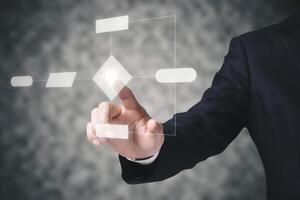 Business man touching virtual screen Business process and workflow automation with flowchart. photo