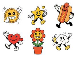 Groovy cartoon characters collection evoking the classic era of animation with sunny star and savory snacks vector
