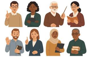 Diverse group of educators sharing knowledge and wisdom in a flat illustration style vector
