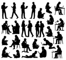 Diverse individuals engaged in studying reading and utilizing technology with education purposes vector