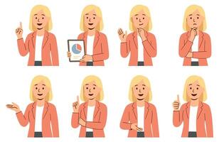 Diverse expressions portrayed by a business professional in a format, highlighting various professional gestures and poses vector